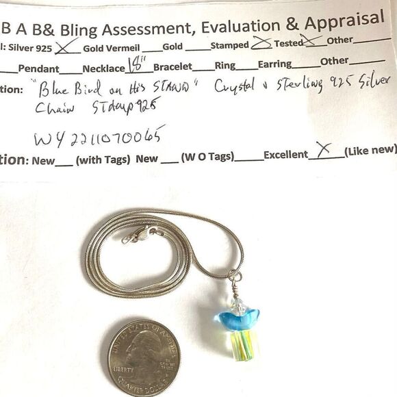 WY# “Bluebird on His Perch” Crystal & Sterling 925 Silver Chain Necklace - Picture 8 of 8